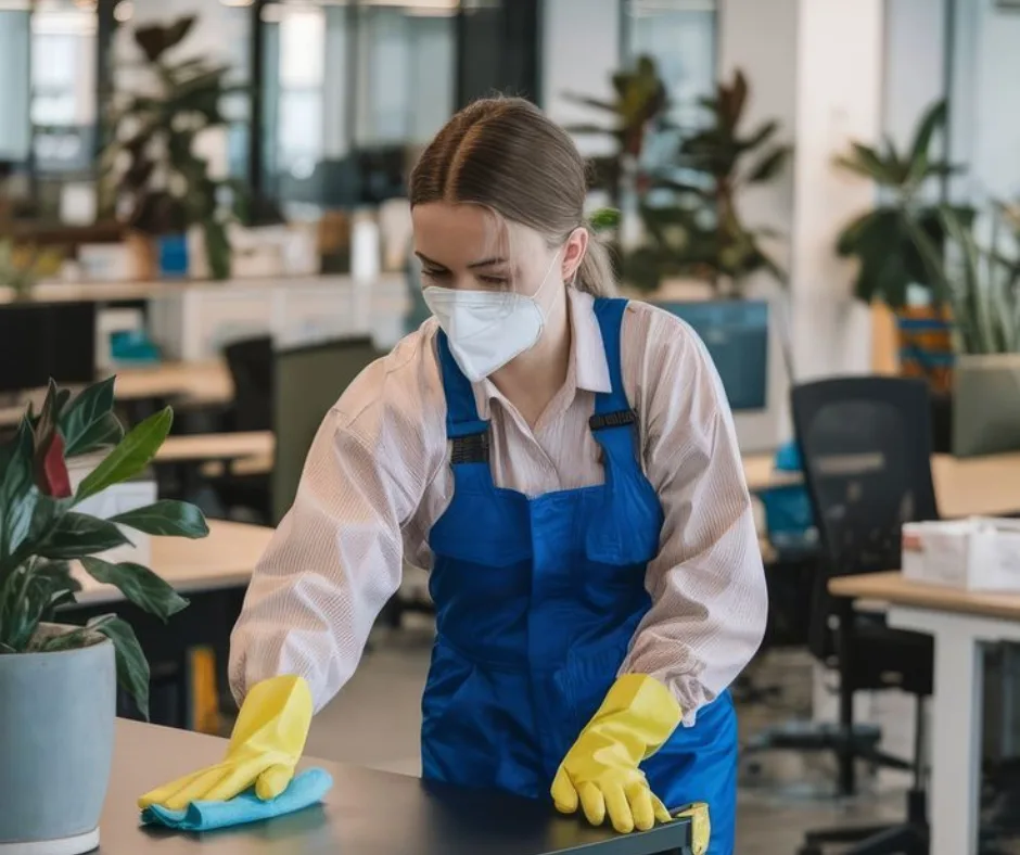 Person in Arbeitsuniform reinigt Büroraum