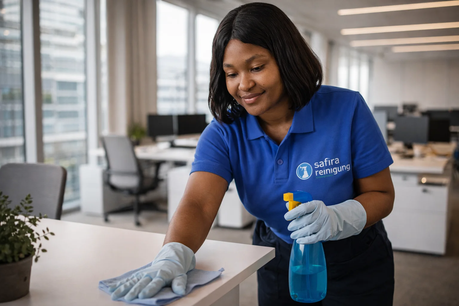 Person in Arbeitsuniform reinigt Büroraum