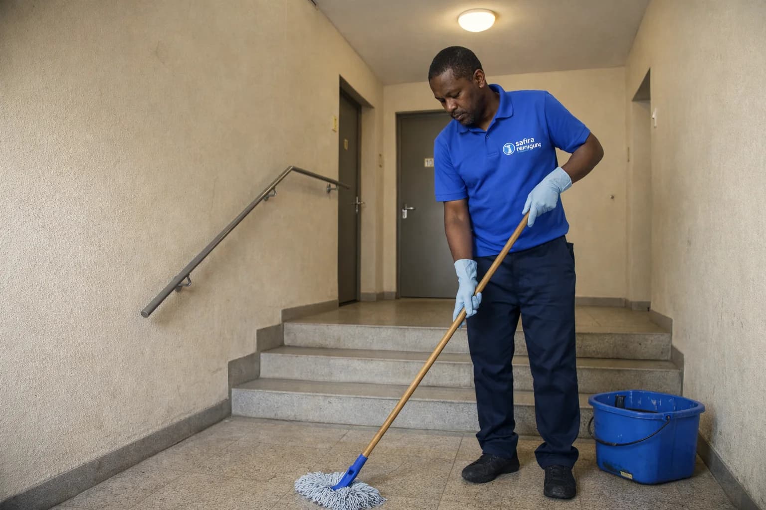 Building caretaker cleaning the stairwell of a residential building